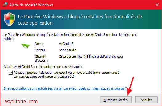 alerte securite airdroid pare-feu