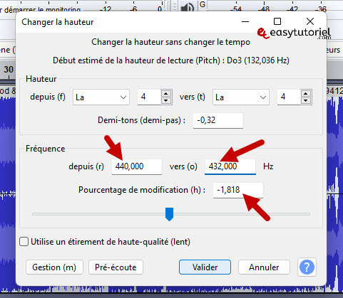 conversion audacity hauteur pitch 440 432 frequence musique chanson windows 7 changer hauteur