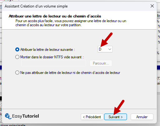 attribuer la lettre de lecteur suivante