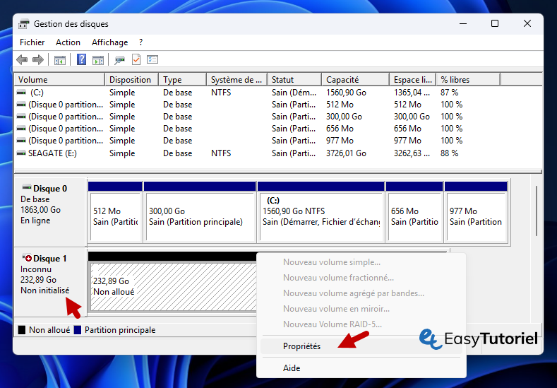 disque non initialise proprietes