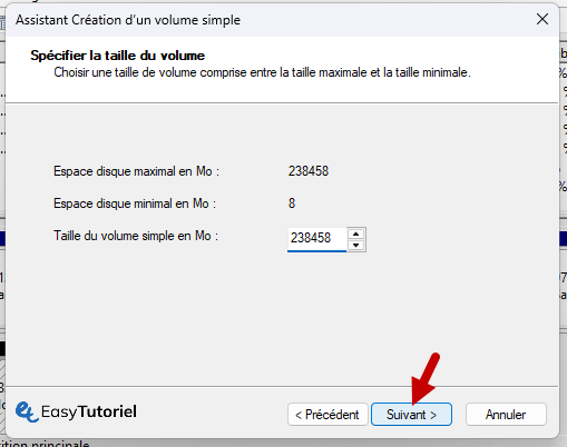 taille du volume simple en mo