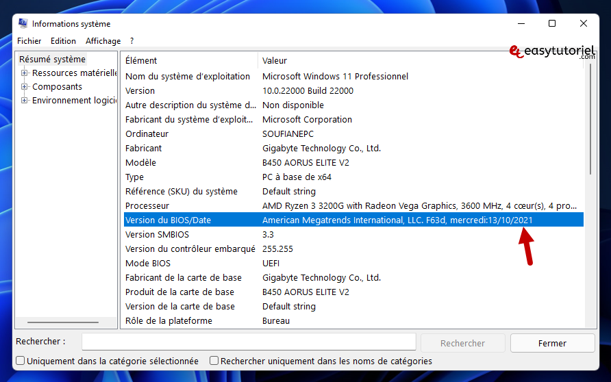 informations systeme version bios date