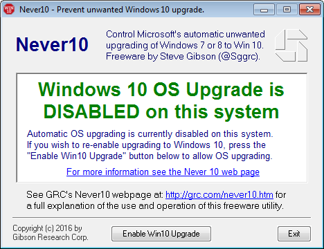 never10 windows 10 alerte mise a niveau desactiver arreter