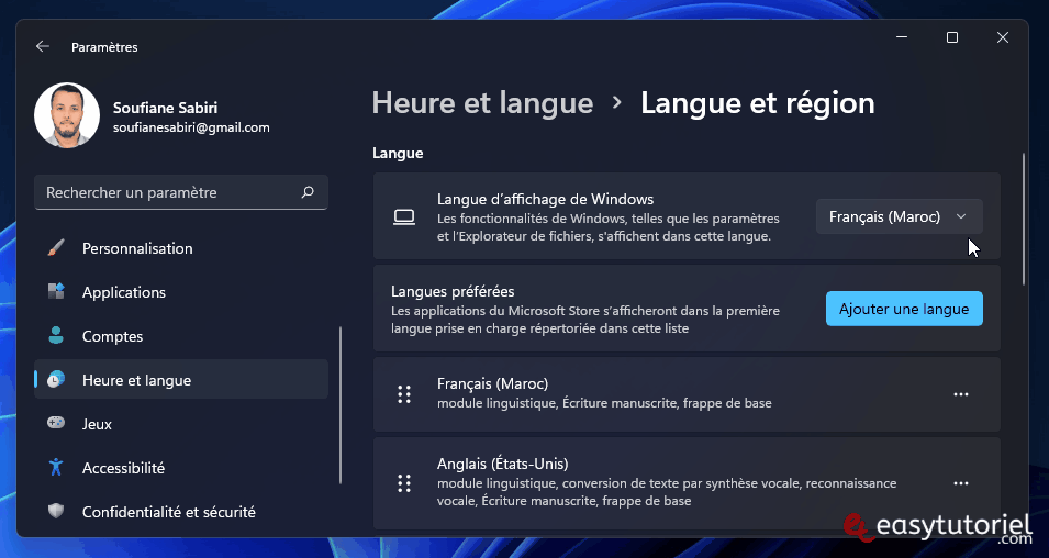 changer langue affichage windows 11 animation
