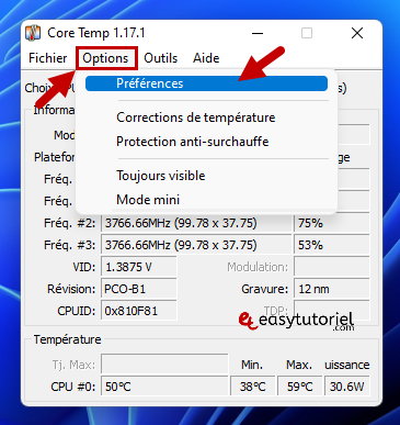 core temp temperature cpu processeur pc windows 11 4 options preferences