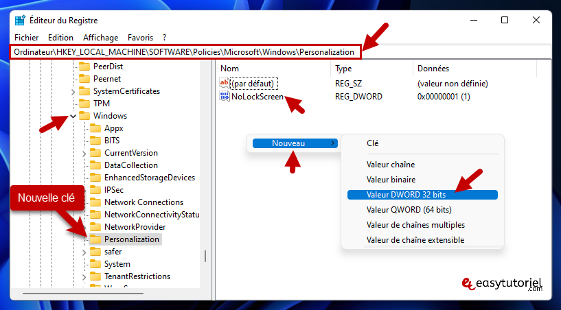 desactiver ecran verrouillage 5 editeur du registre personalization nolockscreen