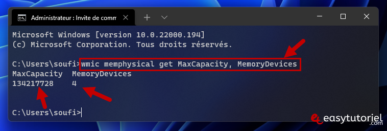 ram maximale pc windows 11 4 wmic memphysical get maxcapacity memorydevices