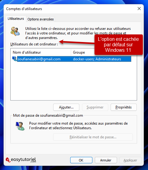 supprimer ecran connexion login windows 11 2 option cachee netplwiz comptes utilisateurs