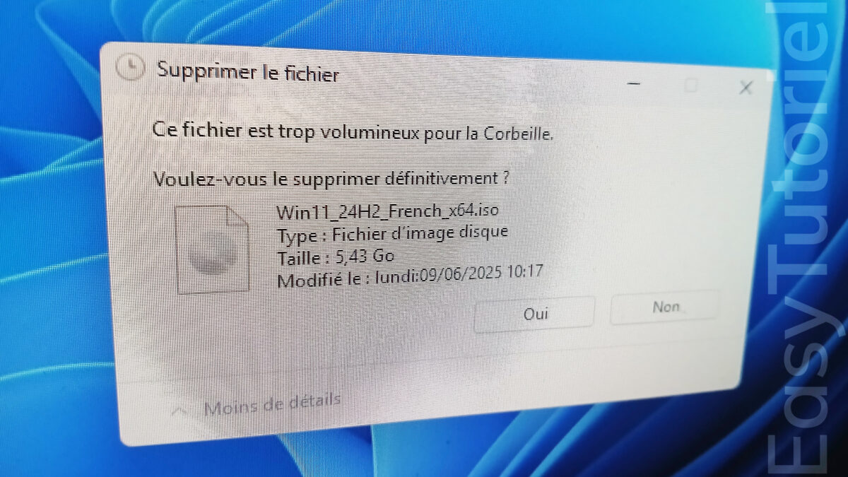 ce fichier est trop volumineux pour la Corbeille solution