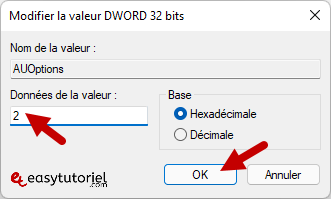 bloquer windows update 12 modifier valeur dword auoptions