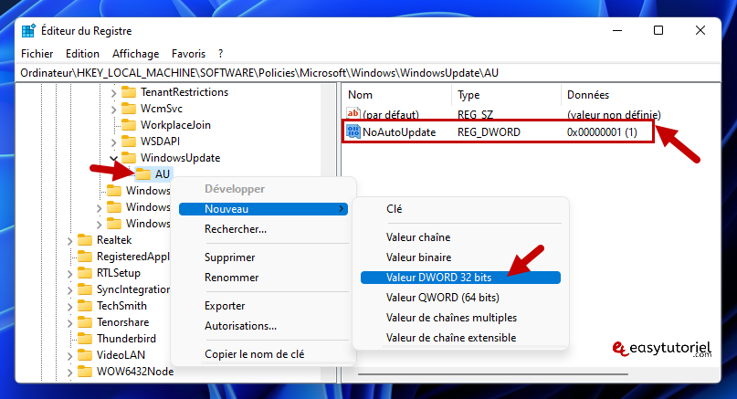 bloquer windows update 9 nouveau variable dword 32 registre