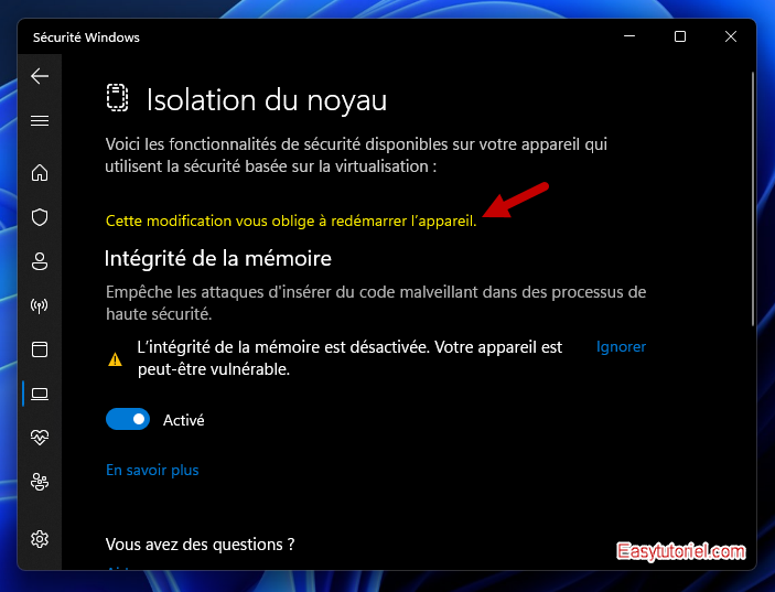 augmenter securite windows 7 notification redemarrer appareil