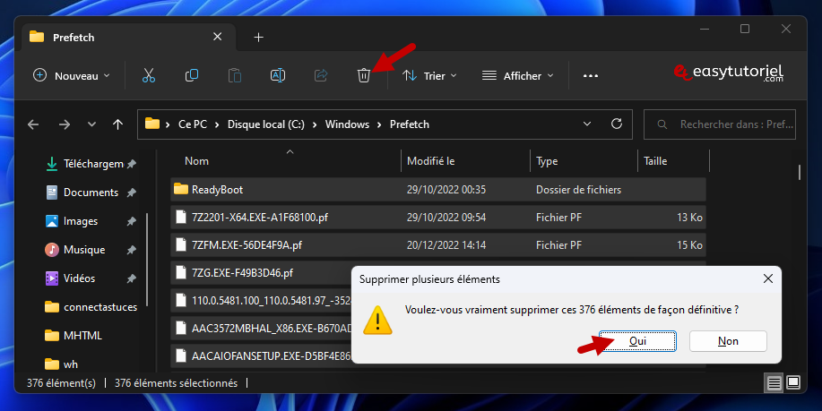 supprimer fichiers temporaires windows 11 7 prefetch dossier