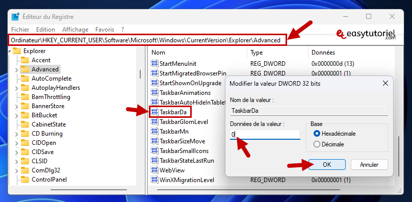 supprimer widgets meteo windows 5 taskbarda editeur du registre