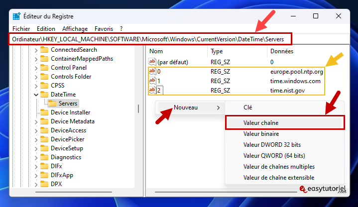 echec synchronisation heure windows 11 ajouter serveurs editeur registre temps windows