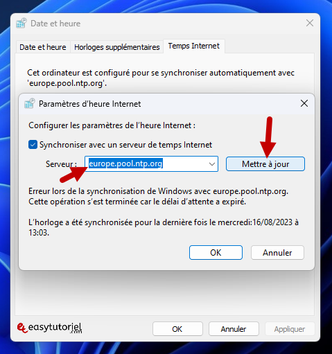 echec synchronisation heure windows 5 mettre a jour europe pool ntp org