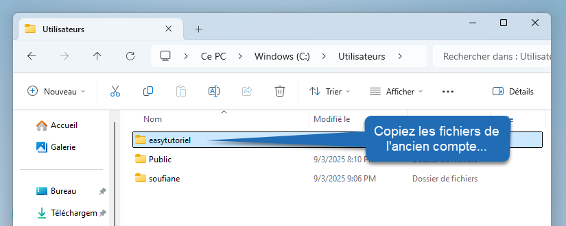 copier fichier ancien utilisateur