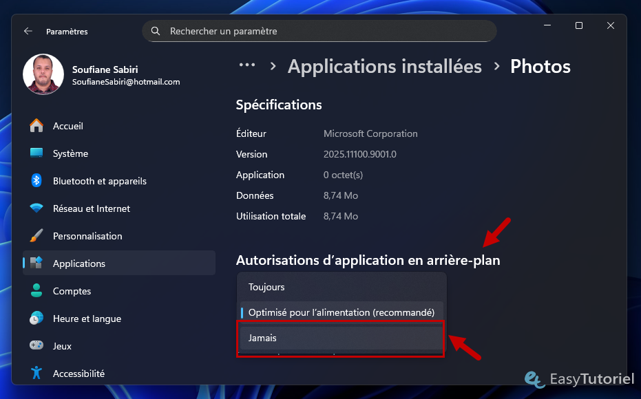 autorisations application en arriere plan jamais