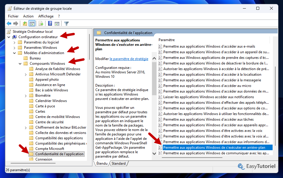 editeur de strategie de groupe locale permettre aux applications executer arriere plan