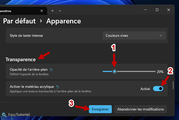 transparence parametres terminal acrylique enregistrer