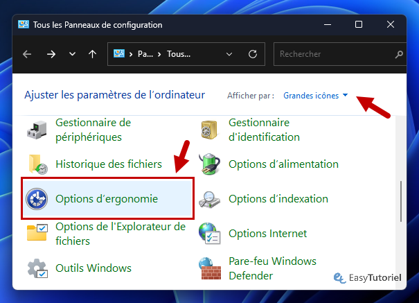 panneau de configuration options d ergonomie