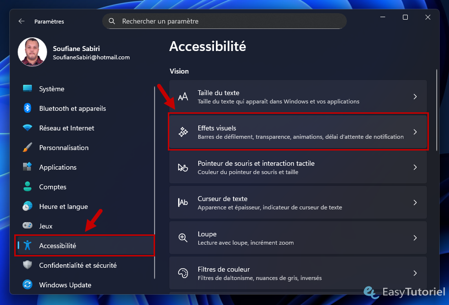 parametres accessibilite effets visuels